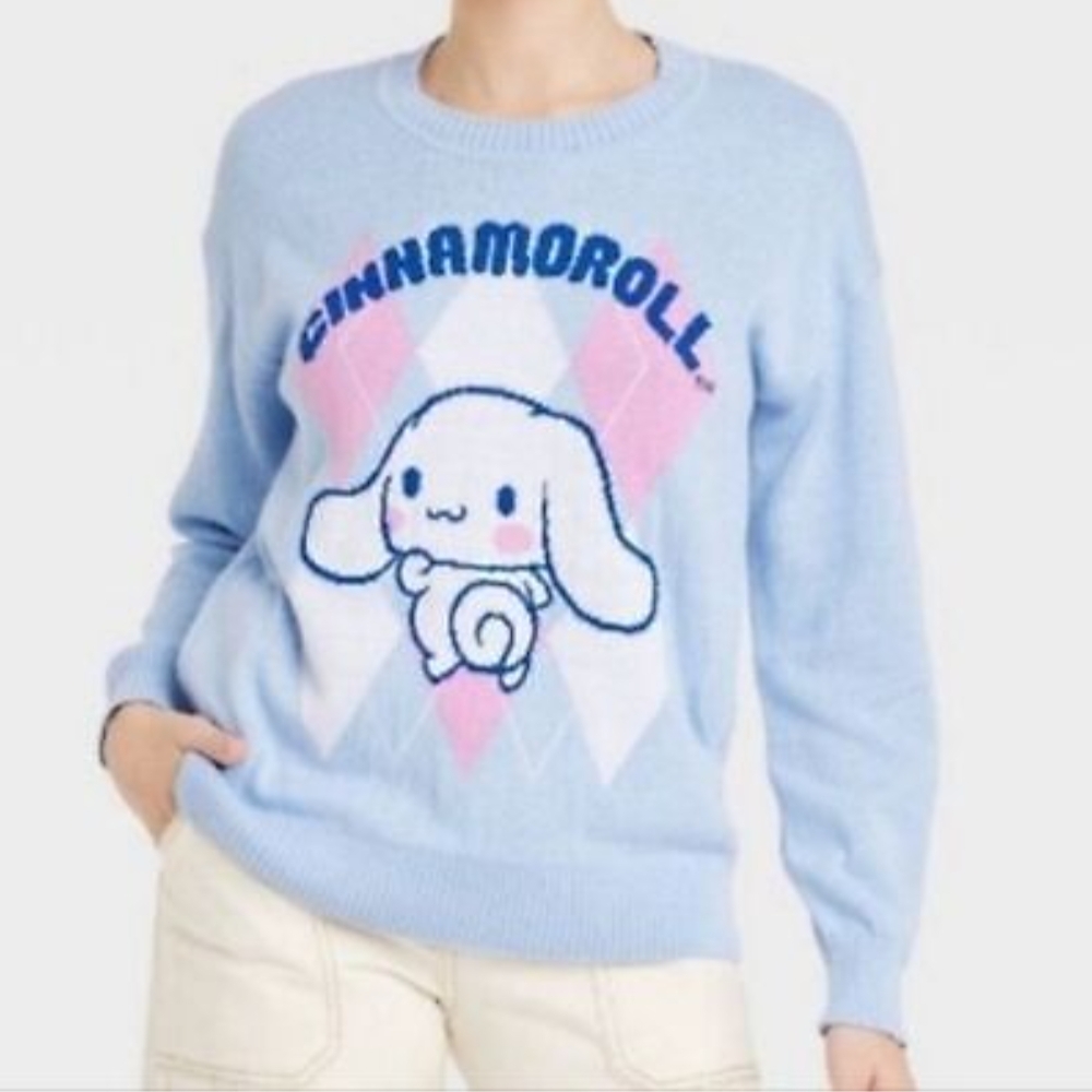 Cinnamoroll Blue and Pink Crew Neck Sweater with Cartoon Charm. Nwt.‎